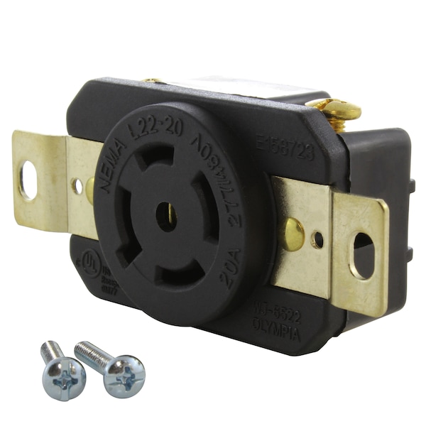 Locking Receptacle, L22-20R, 20 A, 277/480V AC, 4 Pole, Flush Mount, Black